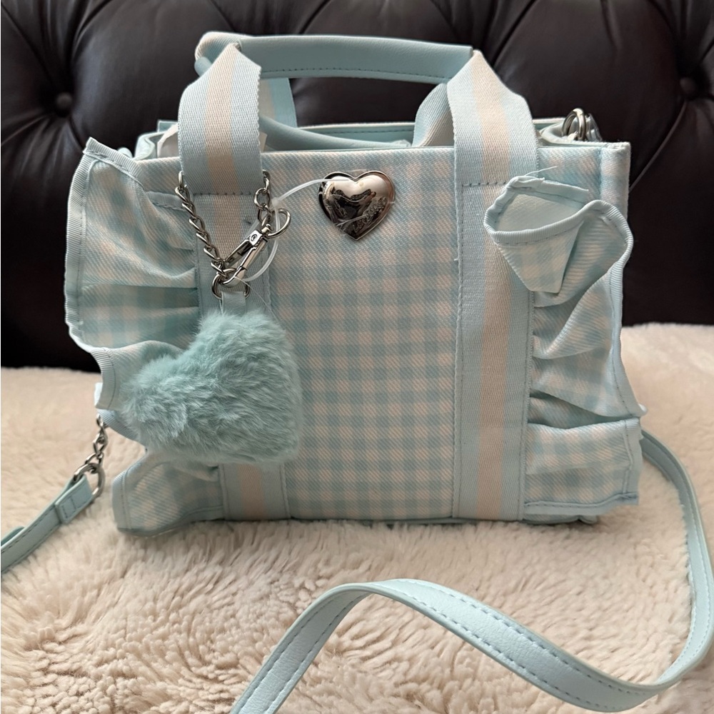 Betsey Johnsons Luv NWT Cute Pastel Blue Gingham Ruffle Tote Bag Heart Charm